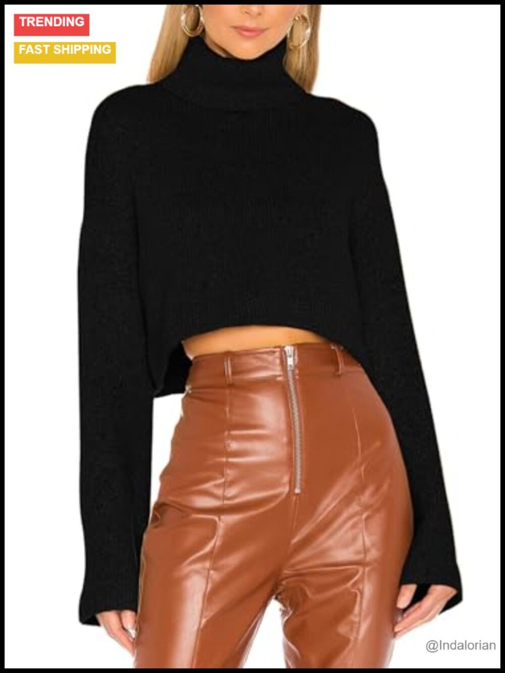 Cropped Turtleneck Sweater Long Sleeve Pullover Top Fleece Knit